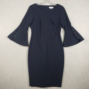 Calvin Klein Womens Dress Bell Sleeve Sz 4 Navy Pearl Accent Sheath Classic Chic